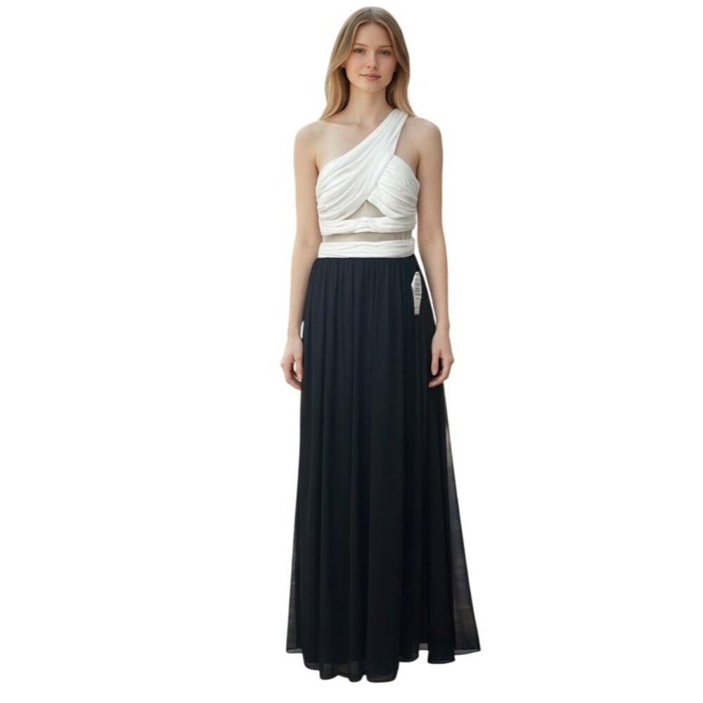 Blondies Nite One Shoulder Chiffon Prom Dress, Of White/Black, Sz. 7